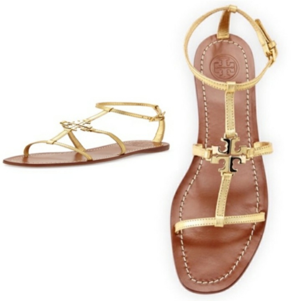 Tory Burch Lowell gold flat logo strappy sandals
